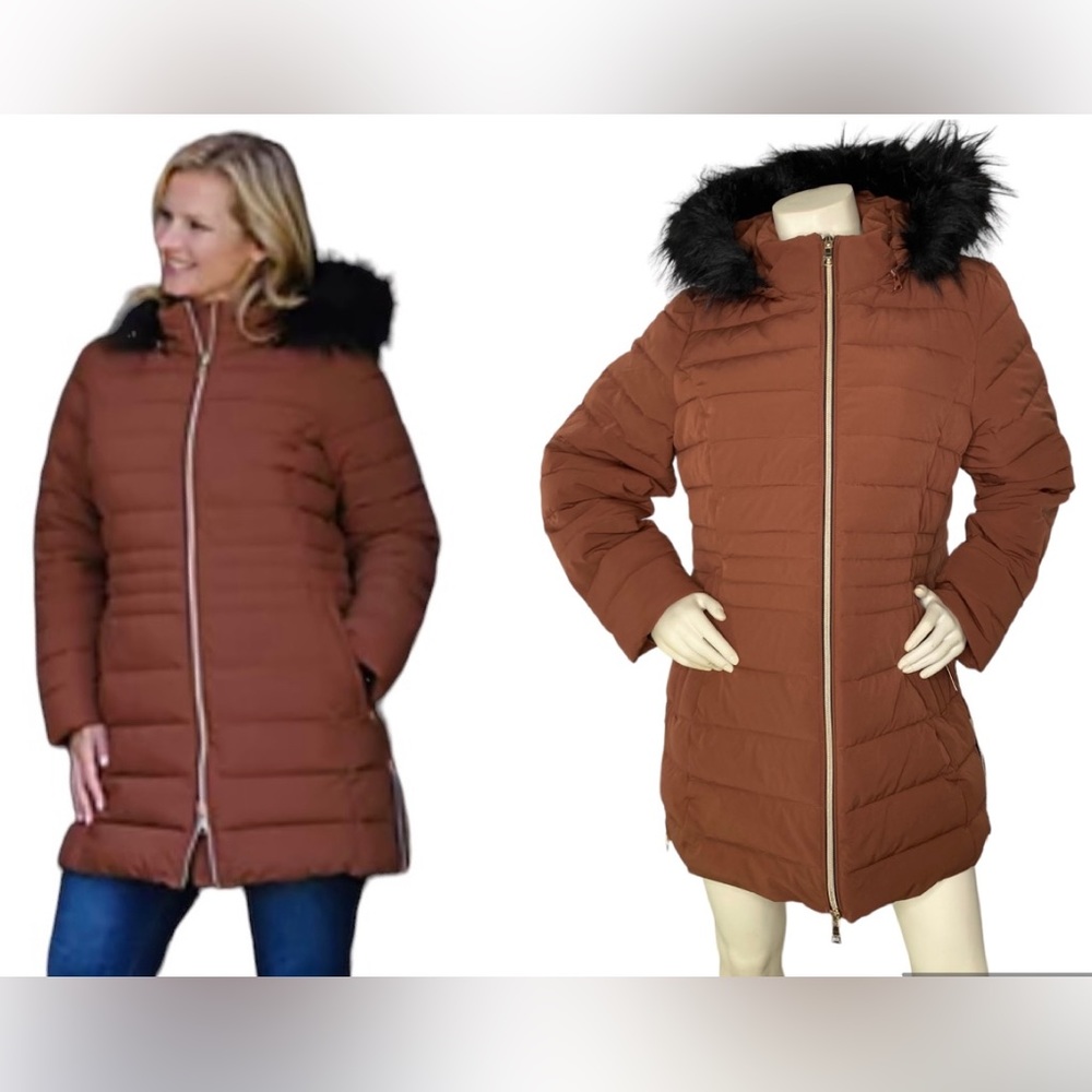 NUAGE Orange Brown Stretch Puffer Coat Jacket w/ Removable Faux Fur Trim Coat, M